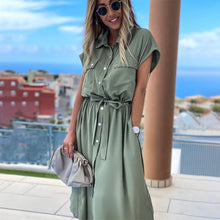 Load image into Gallery viewer, Women Casual Pockets Sashes A Line Dress Turn-Down Collar Batwing Sleeve Button Dress 2020 New Fashion Solid Midi Dress Vintage