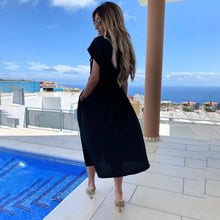 Load image into Gallery viewer, Women Casual Pockets Sashes A Line Dress Turn-Down Collar Batwing Sleeve Button Dress 2020 New Fashion Solid Midi Dress Vintage