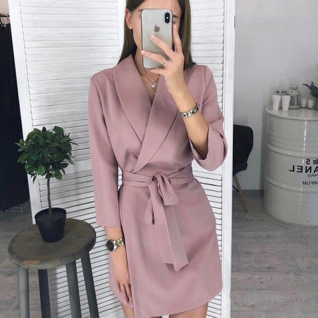 Women Casual Sashes A-line Mini Dress Office Ladies Turn-down Collar Dresses 2021 Spring New Fashion Elegant Party Dress