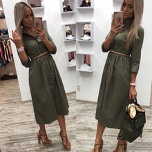 Load image into Gallery viewer, Women Casual Sashes a Line Party Dress Ladies Button Turn Down Collar OL Style Shirt Dress 2019 Summer Solid Knee Dress