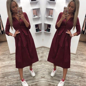Women Casual Sashes a Line Party Dress Ladies Button Turn Down Collar OL Style Shirt Dress 2019 Summer Solid Knee Dress