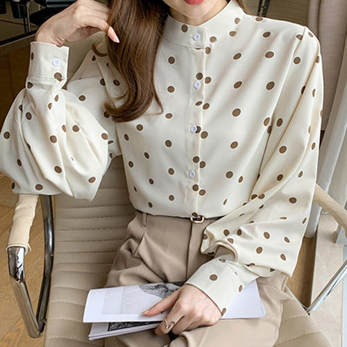 Women Casual Stand-Up Collar Shirts Lady Spring Autumn Fashion Korean Lantern Sleeves Buttons Polka Dot Blouse Streetwear Tops