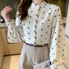 Load image into Gallery viewer, Women Casual Stand-Up Collar Shirts Lady Spring Autumn Fashion Korean Lantern Sleeves Buttons Polka Dot Blouse Streetwear Tops