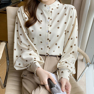 Women Casual Stand-Up Collar Shirts Lady Spring Autumn Fashion Korean Lantern Sleeves Buttons Polka Dot Blouse Streetwear Tops