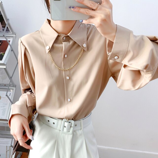 Women Casual Turn-Down Collar Shirts Ladies Spring Autumn Fashion Korean Lantern Long Sleeves Buttons Chain Blouse Streetwear