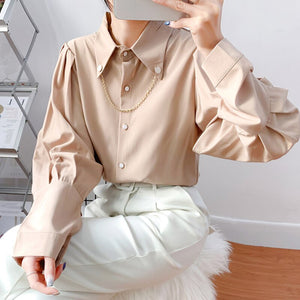 Women Casual Turn-Down Collar Shirts Ladies Spring Autumn Fashion Korean Lantern Long Sleeves Buttons Chain Blouse Streetwear