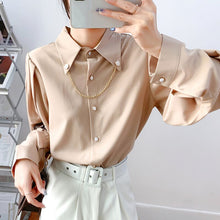 Load image into Gallery viewer, Women Casual Turn-Down Collar Shirts Ladies Spring Autumn Fashion Korean Lantern Long Sleeves Buttons Chain Blouse Streetwear