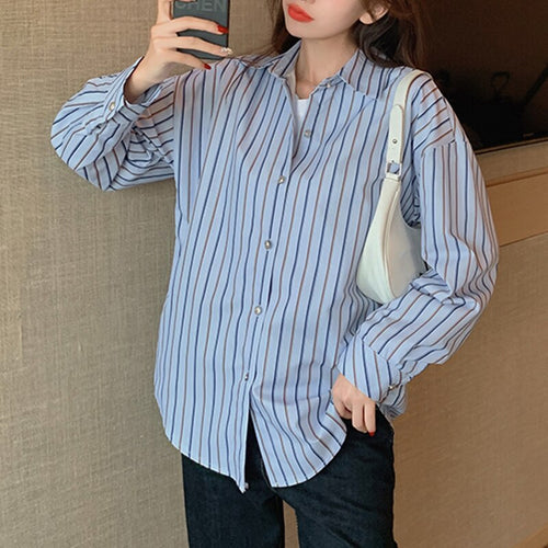 Women Casual Turn-Down Collar Shirts Lady Spring Autumn Fashion Korean Long Sleeves Buttons Striped Blouse Loose Streetwear Tops