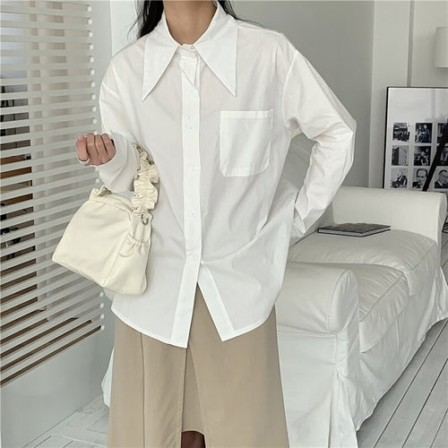 Women Chic Solid Shirt Office Ladies Casual Turn-down Collar Tops And Shirts Female Korean Long Sleeves Loose Blouses