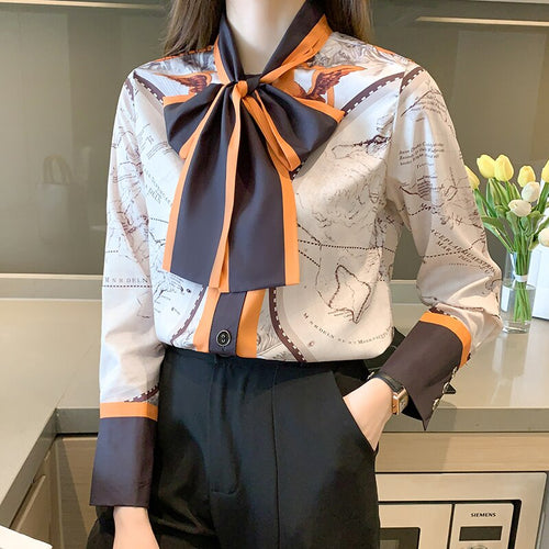 Women Chiffon Blouse New 2021 Spring Long Sleeve Pring Shirt Fashion Elegant Slim Bow Office Layd High-end Shirt