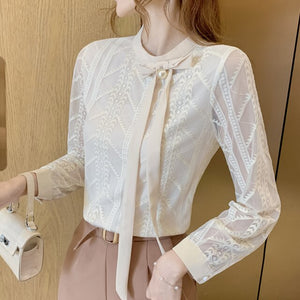 Women Chiffon Blouse Shirt New 2021 Spring Autumn Lace Tops Elegant Slim Bow Office Lady Shirt blusas