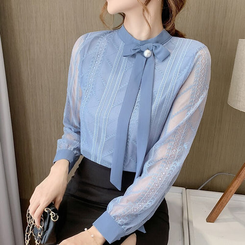 Women Chiffon Blouse Shirt New 2021 Spring Autumn Lace Tops Elegant Slim Bow Office Lady Shirt blusas