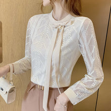 Load image into Gallery viewer, Women Chiffon Blouse Shirt New 2021 Spring Autumn Lace Tops Elegant Slim Bow Office Lady Shirt blusas