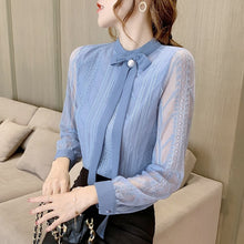 Load image into Gallery viewer, Women Chiffon Blouse Shirt New 2021 Spring Autumn Lace Tops Elegant Slim Bow Office Lady Shirt blusas
