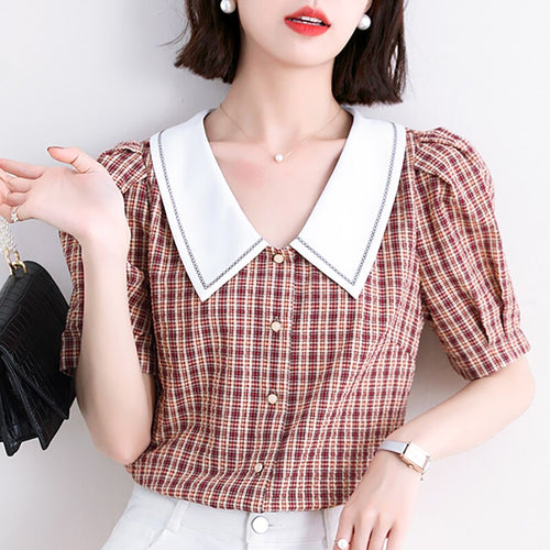 Women Chiffon Blouses 2021 Fashion Summer Style Casual Shirts Lady  Short Sleeve Peter Pan Collar Plaid Chiffon Puff Sleeve Tops