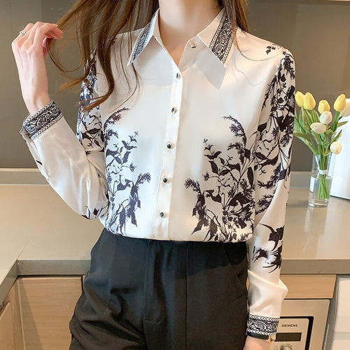 Women Chiffon Shirt New 2021 Spring Autumn Long Sleeve Blouse Shirt Elegant Slim Print Ofice Lady White Tops