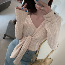 Load image into Gallery viewer, Women Clothes Knitted Sweater Spring Autumn Crop Top V-Neck Low-Cut Long Sleeve Sweaters Cropped Cardigan Vetement Femme