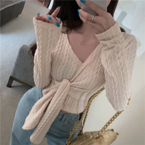 Women Clothes Knitted Sweater Spring Autumn Crop Top V-Neck Low-Cut Long Sleeve Sweaters Cropped Cardigan Vetement Femme