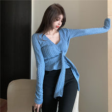 Load image into Gallery viewer, Women Clothes Knitted Sweater Spring Autumn Crop Top V-Neck Low-Cut Long Sleeve Sweaters Cropped Cardigan Vetement Femme