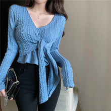 Load image into Gallery viewer, Women Clothes Knitted Sweater Spring Autumn Crop Top V-Neck Low-Cut Long Sleeve Sweaters Cropped Cardigan Vetement Femme