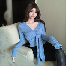 Load image into Gallery viewer, Women Clothes Knitted Sweater Spring Autumn Crop Top V-Neck Low-Cut Long Sleeve Sweaters Cropped Cardigan Vetement Femme