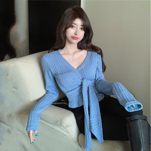 Women Clothes Knitted Sweater Spring Autumn Crop Top V-Neck Low-Cut Long Sleeve Sweaters Cropped Cardigan Vetement Femme