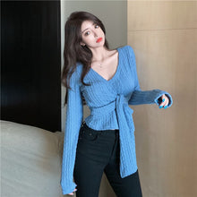 Load image into Gallery viewer, Women Clothes Knitted Sweater Spring Autumn Crop Top V-Neck Low-Cut Long Sleeve Sweaters Cropped Cardigan Vetement Femme