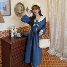 Load image into Gallery viewer, Women Corduroy French Dress Sexy Skirt Plus Size French Retro Navy Tie Dresses Long Sleeve Autumn Winter Slim Stitching Dress