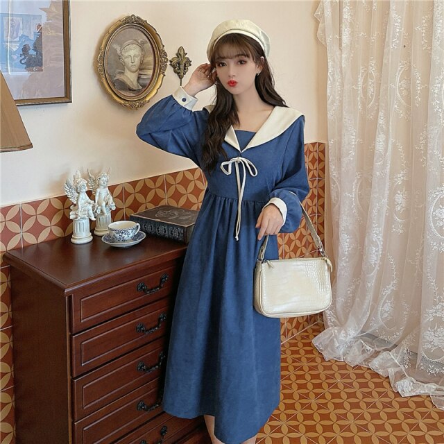 Women Corduroy French Dress Sexy Skirt Plus Size French Retro Navy Tie Dresses Long Sleeve Autumn Winter Slim Stitching Dress