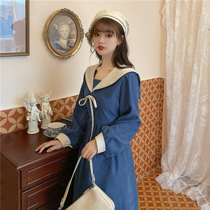 Women Corduroy French Dress Sexy Skirt Plus Size French Retro Navy Tie Dresses Long Sleeve Autumn Winter Slim Stitching Dress