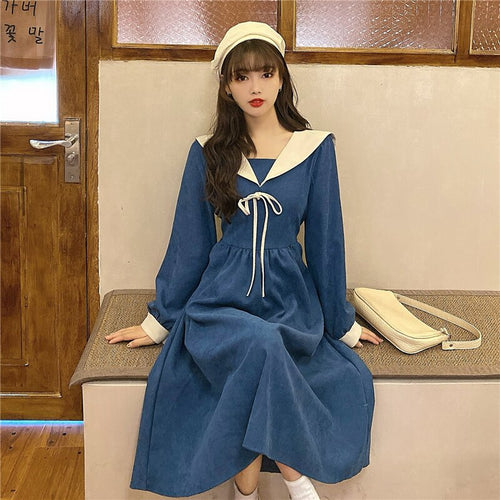 Women Corduroy French Dress Sexy Skirt Plus Size French Retro Navy Tie Dresses Long Sleeve Autumn Winter Slim Stitching Dress