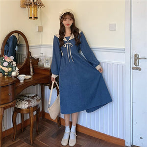 Women Corduroy French Dress Sexy Skirt Plus Size French Retro Navy Tie Dresses Long Sleeve Autumn Winter Slim Stitching Dress