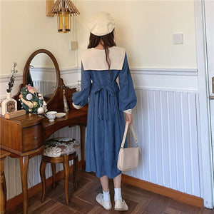 Women Corduroy French Dress Sexy Skirt Plus Size French Retro Navy Tie Dresses Long Sleeve Autumn Winter Slim Stitching Dress