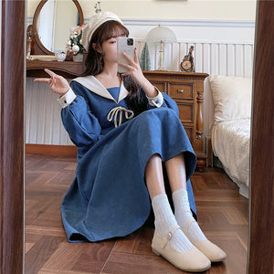 Women Corduroy French Dress Sexy Skirt Plus Size French Retro Navy Tie Dresses Long Sleeve Autumn Winter Slim Stitching Dress