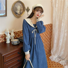 Load image into Gallery viewer, Women Corduroy French Dress Sexy Skirt Plus Size French Retro Navy Tie Dresses Long Sleeve Autumn Winter Slim Stitching Dress