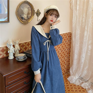 Women Corduroy French Dress Sexy Skirt Plus Size French Retro Navy Tie Dresses Long Sleeve Autumn Winter Slim Stitching Dress