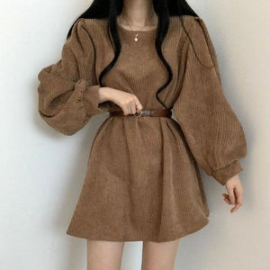 Women Corduroy dress y2k Casual Puff Sleeve V Neck Pencil Dress Woman Single Breasted High Waist Solid Holiday Mid-Calf Dress