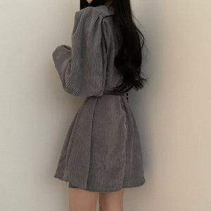 Women Corduroy dress y2k Casual Puff Sleeve V Neck Pencil Dress Woman Single Breasted High Waist Solid Holiday Mid-Calf Dress