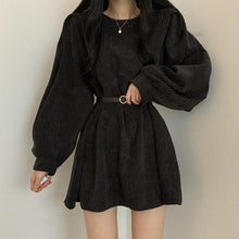 Load image into Gallery viewer, Women Corduroy dress y2k Casual Puff Sleeve V Neck Pencil Dress Woman Single Breasted High Waist Solid Holiday Mid-Calf Dress