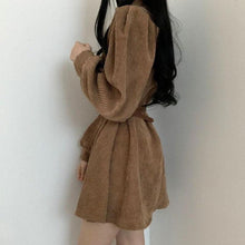 Load image into Gallery viewer, Women Corduroy dress y2k Casual Puff Sleeve V Neck Pencil Dress Woman Single Breasted High Waist Solid Holiday Mid-Calf Dress