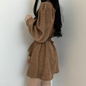 Women Corduroy dress y2k Casual Puff Sleeve V Neck Pencil Dress Woman Single Breasted High Waist Solid Holiday Mid-Calf Dress