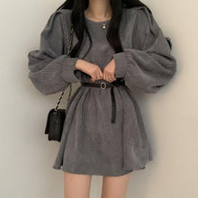 Load image into Gallery viewer, Women Corduroy dress y2k Casual Puff Sleeve V Neck Pencil Dress Woman Single Breasted High Waist Solid Holiday Mid-Calf Dress