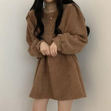 Load image into Gallery viewer, Women Corduroy dress y2k Casual Puff Sleeve V Neck Pencil Dress Woman Single Breasted High Waist Solid Holiday Mid-Calf Dress