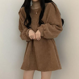 Women Corduroy dress y2k Casual Puff Sleeve V Neck Pencil Dress Woman Single Breasted High Waist Solid Holiday Mid-Calf Dress