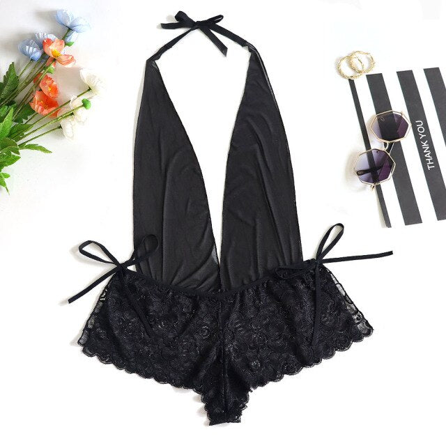 Women Costume Hollow Back Sexy Bodysuit Cosplay Lace Mesh Halter One-piece Sexy Pajamas for Ladies Plus Size