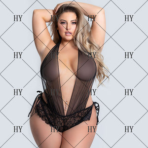 Women Costume Hollow Back Sexy Bodysuit Cosplay Lace Mesh Halter One-piece Sexy Pajamas for Ladies Plus Size