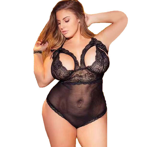 Women Costume Sexy Bodysuit Lace Mesh Halter One-piece Sexy Pajamas for Ladies Plus Size