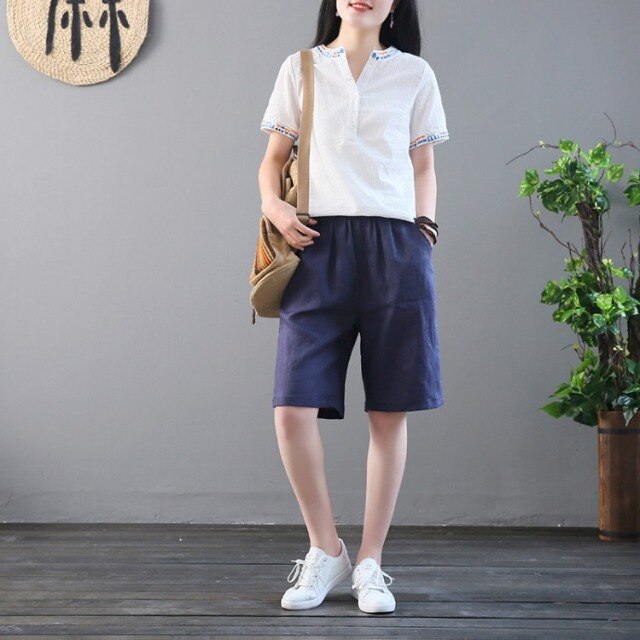 Women Cotton Linen Shorts Plus Size High Elastic Waist Wide Leg Pockets Shorts Summer Casual Bottoms Streetwear Woman Hot shorts