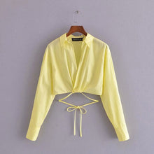 Load image into Gallery viewer, Women Crop Blouse Top Solid White Bow Lace Up Ladies Blouses Long Sleeve Turn Down Collar Sweet Casual Summer Girls Tops Fashion