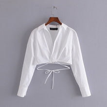 Load image into Gallery viewer, Women Crop Blouse Top Solid White Bow Lace Up Ladies Blouses Long Sleeve Turn Down Collar Sweet Casual Summer Girls Tops Fashion